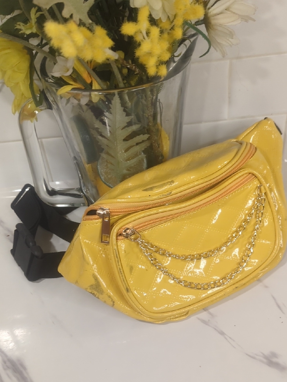 Vintage 90s Yellow Patent Chain-Accent Belt Bag